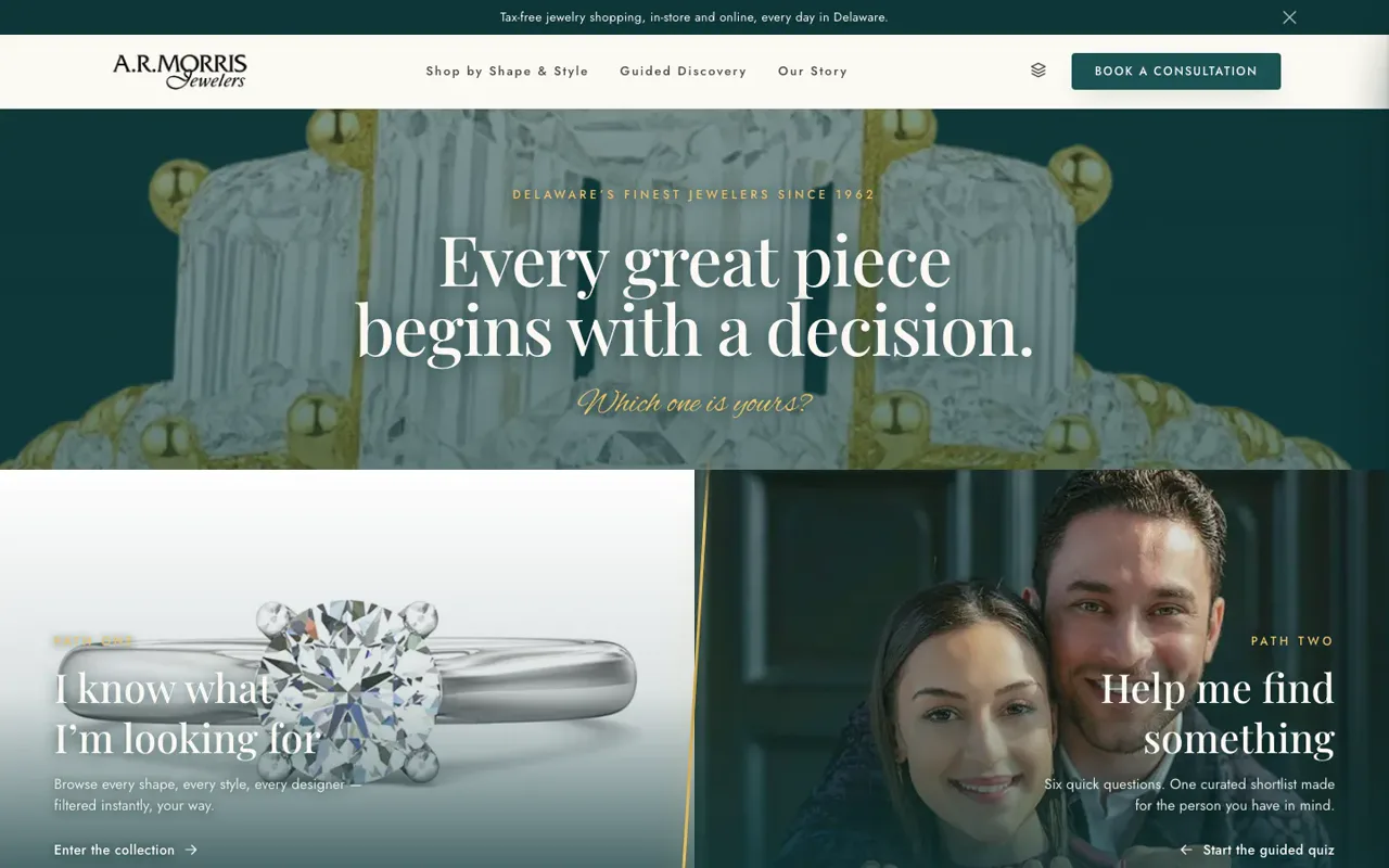 A.R. Morris prototype homepage: Every great piece begins with a decision.