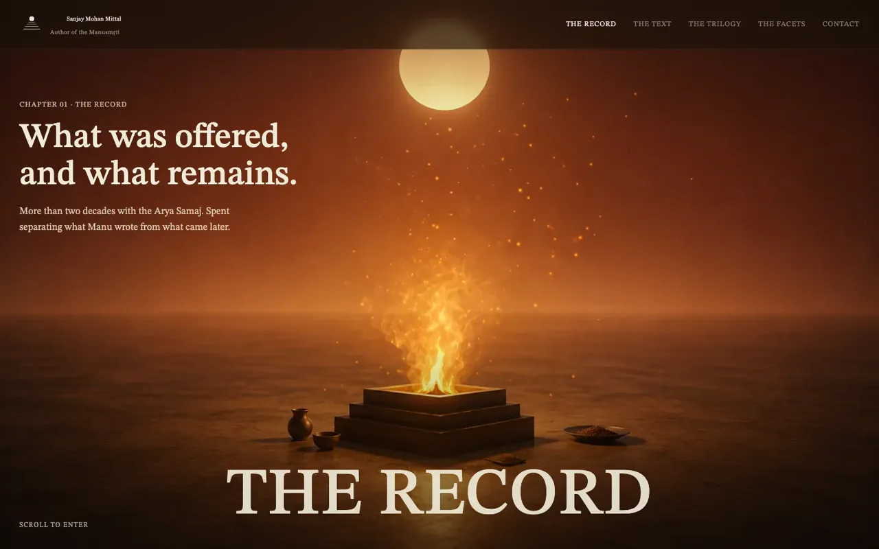Sañjay Mohan Mittal author site opening on a havan fire.